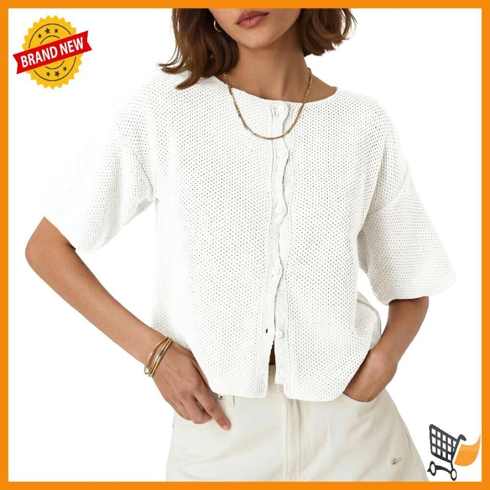 Lightweight Waffle Knit Cardigan Short Sleeve Button Down Loose Fit